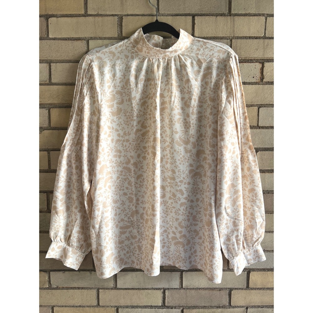 Ann Taylor Floral Mock Neck Long Sleeve Blouse Tan White Size Large